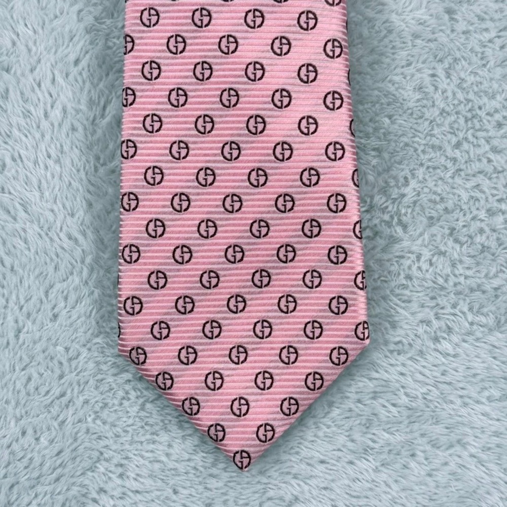 Giorgio Armani Silk Tie Mens Pink GA Logo AOP Made in Italy Classic Designer